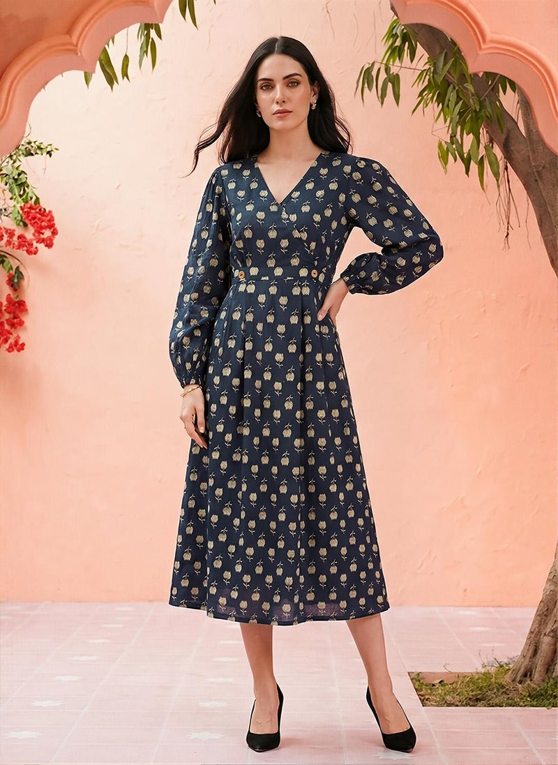 Globus Women Blue Allover Floral Printed V-Neck Bishop Sleeves Fit & Flare Midi Dress - Image 1